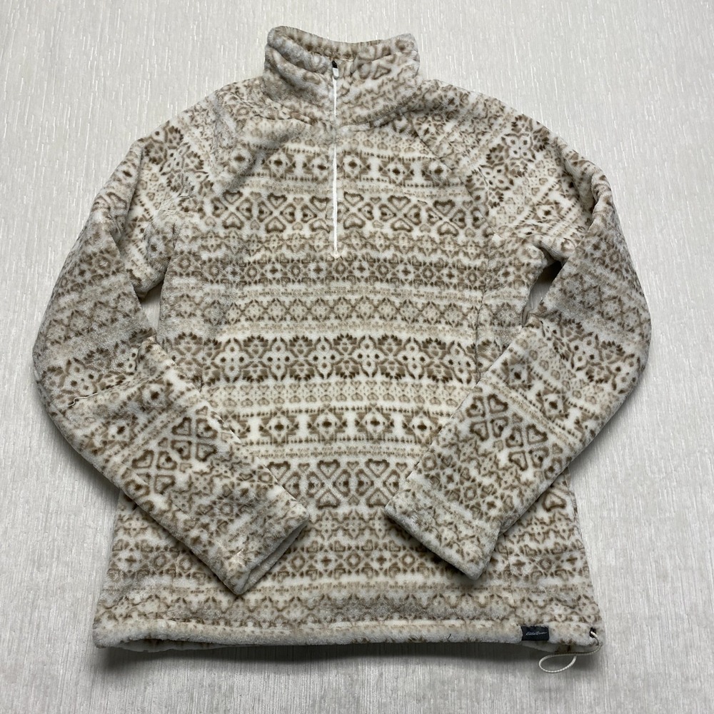 Eddie Bauer Fleece 1/4 Zip Jacket Women Small Beige Nordic Winter Fall Outdoors